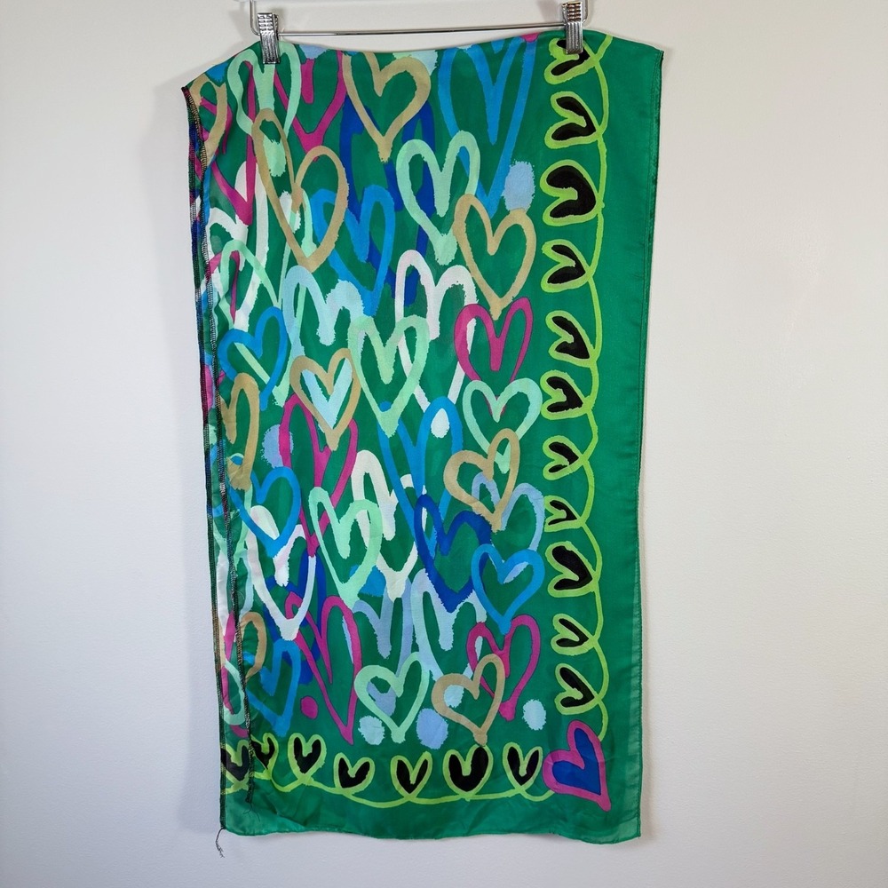 Colorful Heart Print Silk Blend Scarf Wrap 20x72 Green Pink Blue Lightweight